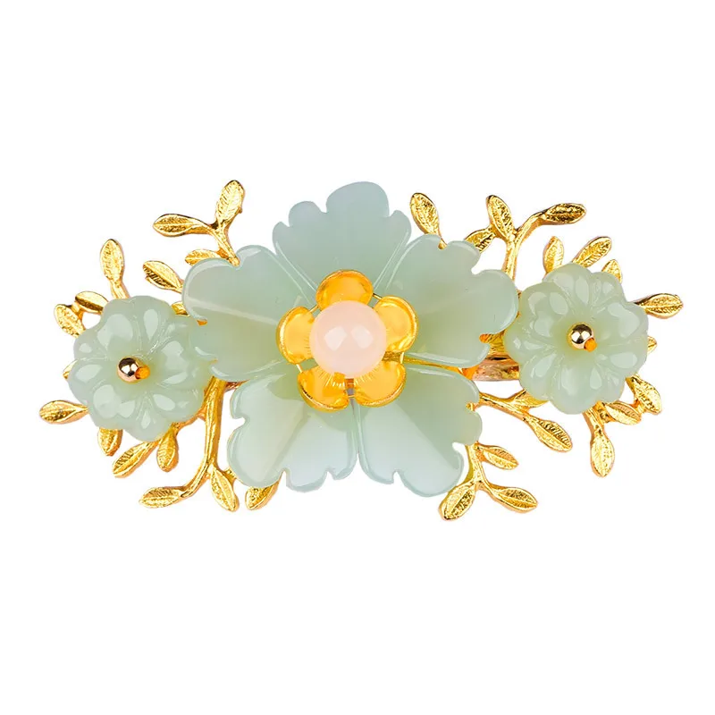 Gold Plated Jewelry - Spinka do włosów z zielonego jadeitu